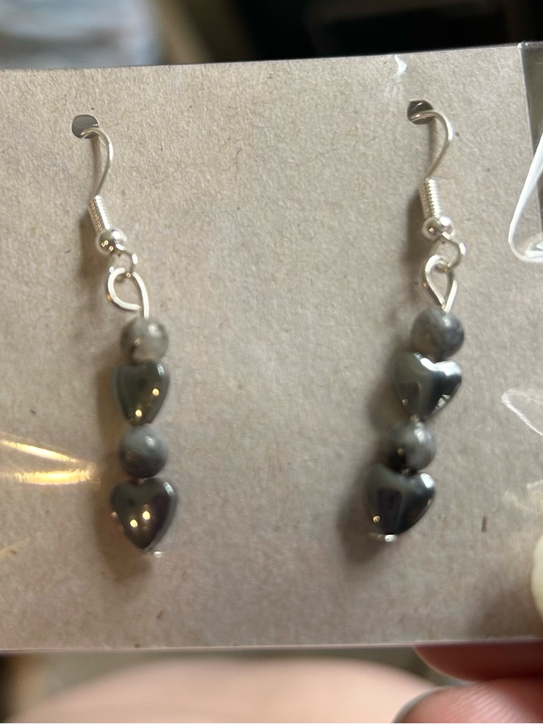 Hematite Hearts W Labradorite Gemstone Bead Earrings Stainless Steel Ear Wires